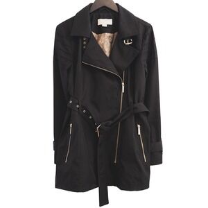 Michael Kors Moto Trench Coat Womens L Black Asymmetrical Belted Jacket Chic